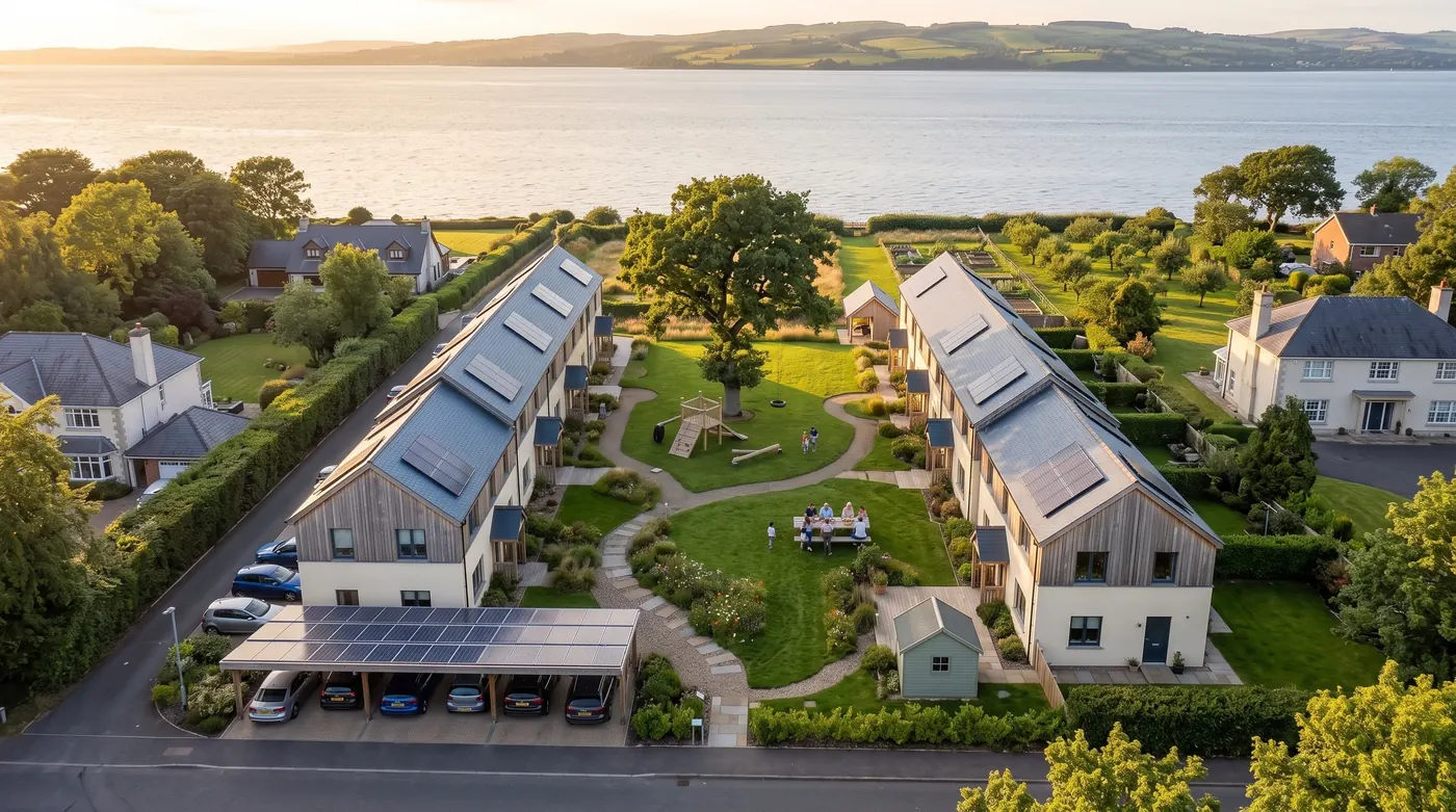 Aerial view of the whole neighbourhood: four short terraces either side of the green, the oak, the pavilion, then a meadow and the water beyond