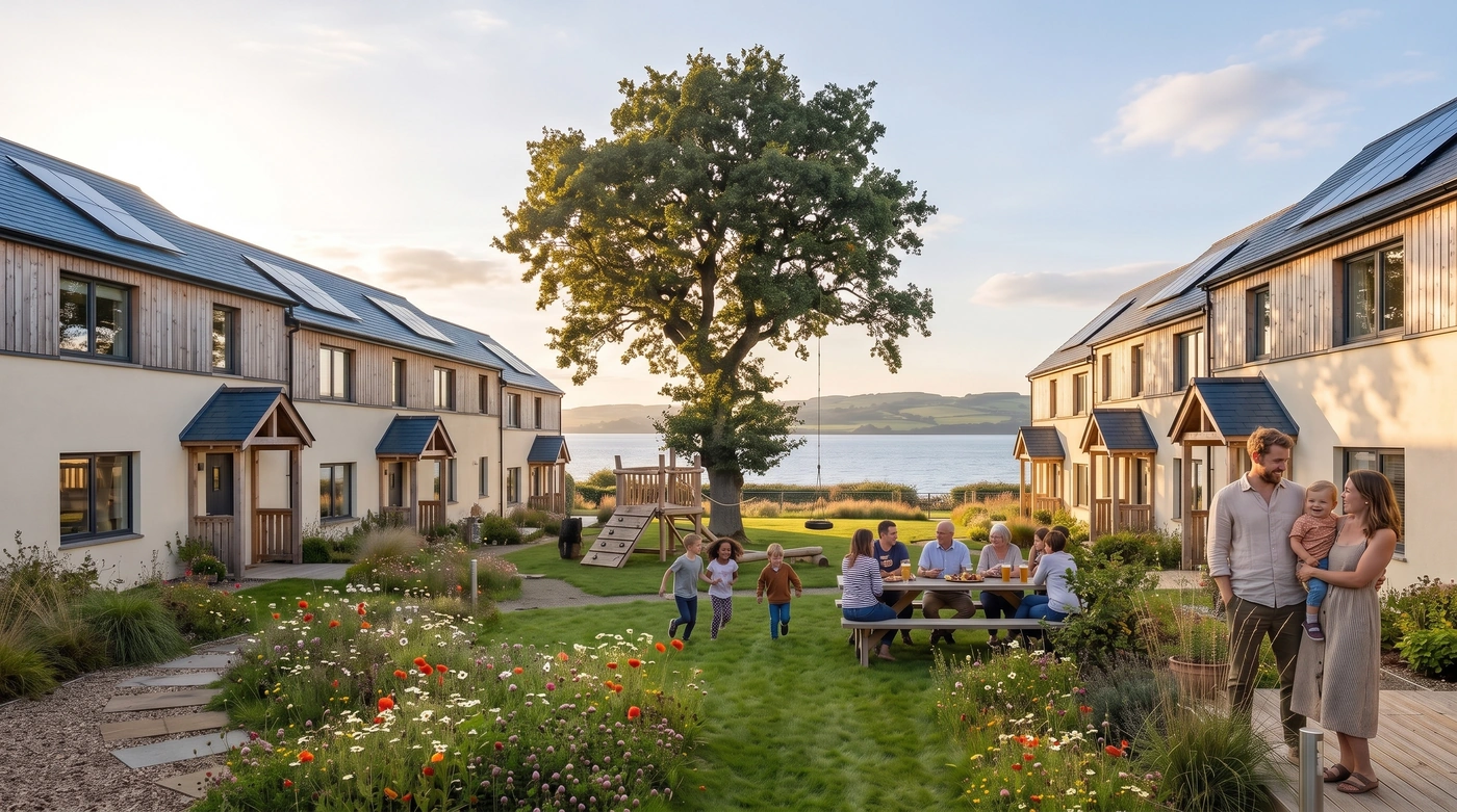 The shared green on a summer evening: children on the grass, parents talking at the porches of the terraced homes, the old oak in the middle