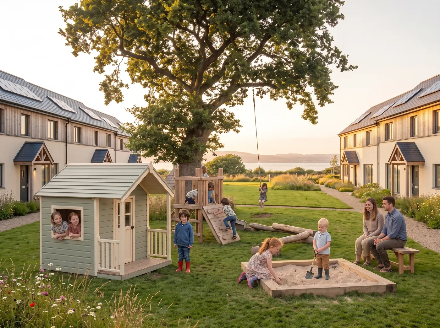 Children on the timber climbing frame and in the sage-green playhouse under the oak, with the homes behind