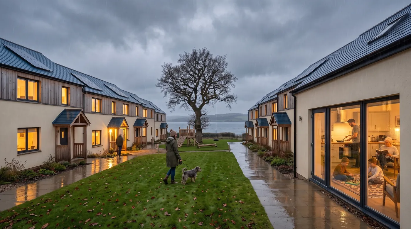 The same green on a wet winter evening: rain on the paving, every window glowing, a family cooking inside behind the glazed door, a neighbour walking a dog